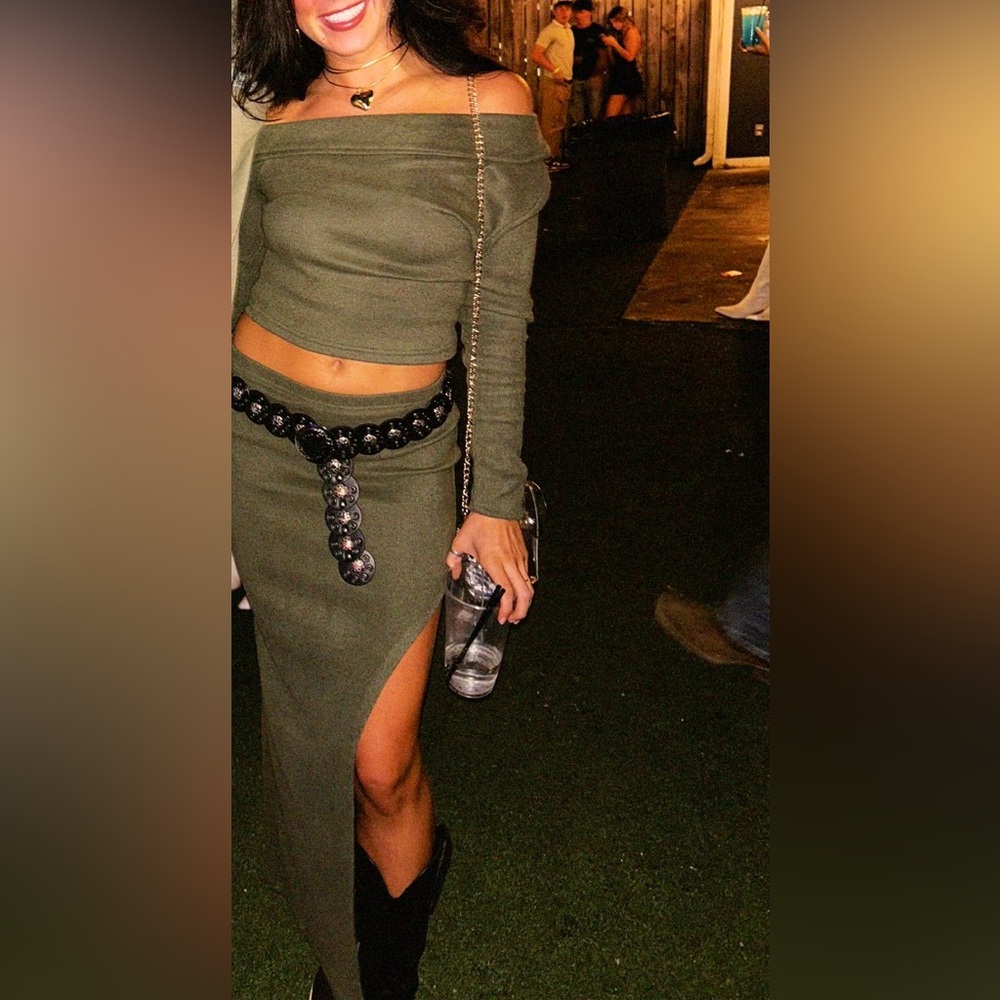 Olive Green Off-Shoulder Crop Top and Skirt Set (belt not included)